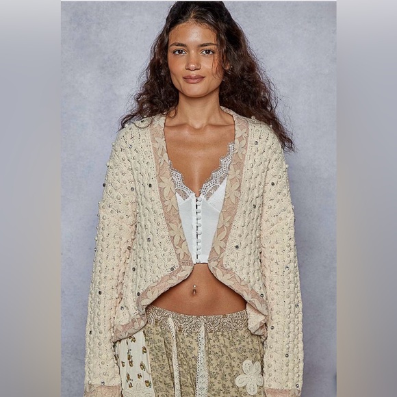 New• POL Falling For Pearls Knit Floral Embroidered Open Front Cardigan• Small